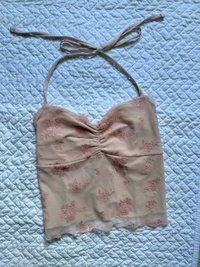 Garage, S, Pink Lace Halter Open Back Crop Top